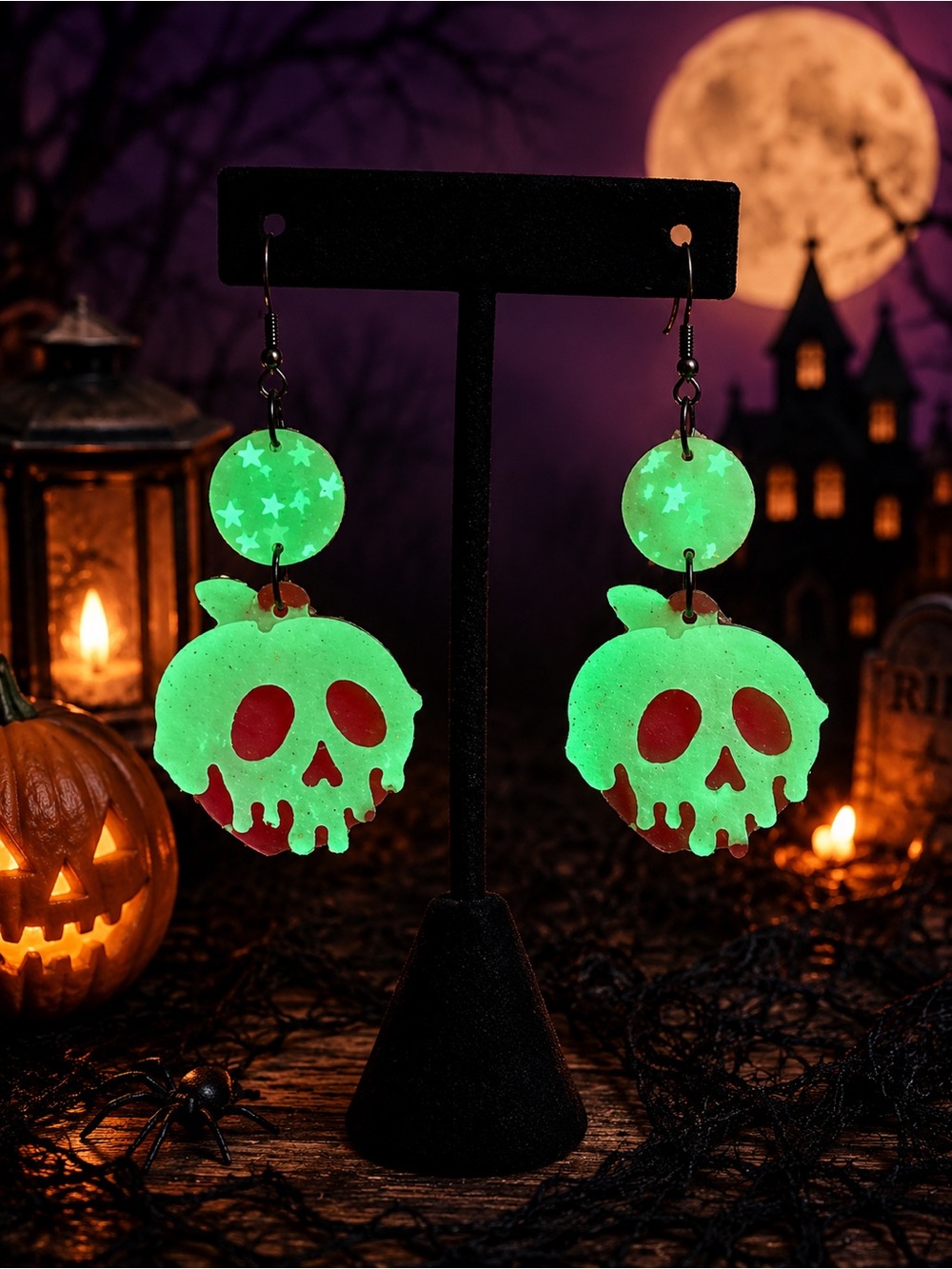 Glow-in-the-Dark Green Skull Drop Earrings with Red Accents